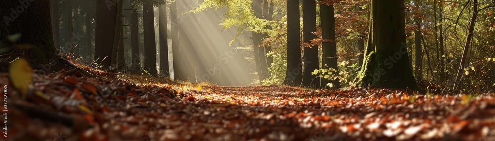 Poster sunlight filters through tall trees in an autumn forest, casting a warm glow over a path covered wit