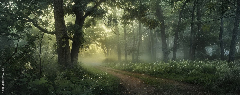 Poster misty forest path at dawn with sunlight filtering through trees, creating a peaceful and serene natu