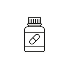 Pill bottle icon. Jar with medicine and pills. Outline vector illustration and drawing on a white background.