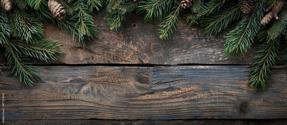 Aufkleber christmas themed background with spruce branches set on a rustic wooden table ideal for a copy space