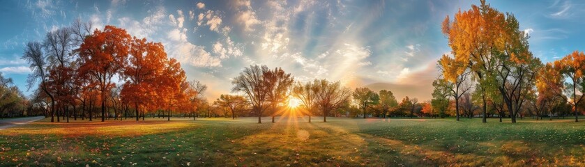 Panoramic autumn landscape with colorful trees and a bright sunrise over a serene meadow, captured in vibrant morning light.