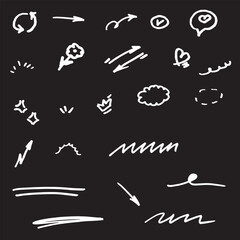 Line shape marker underline, arrow, heart brush element chalk set. Hand drawn sketch marker underline shape, arrow, heart scribble brush chalkboard. Crown, love graphic icon.