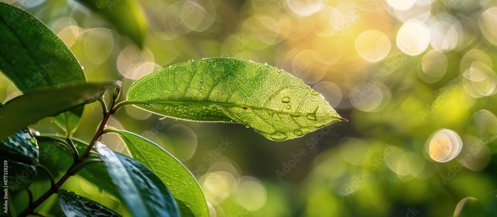 Poster close up view of a green leaf in a garden under sunlight with blurry greenery background for use as 
