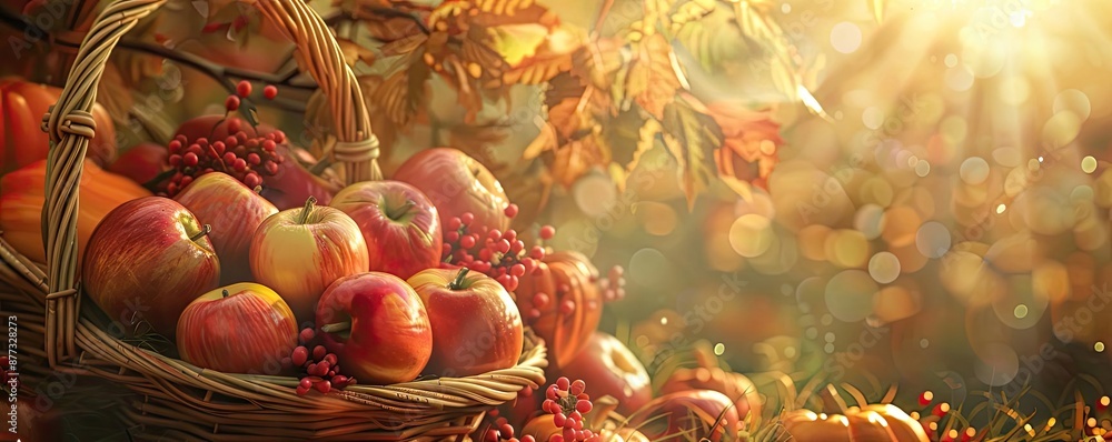 Poster autumn harvest scene with apples in a basket. sunlight filters through fall foliage, creating a warm