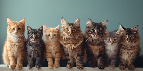 Cats group in front of plain backdrop for pet adoption ad campaign. Concept Animal Shelter, Pet Adoption, Cats, Photography, Marketing