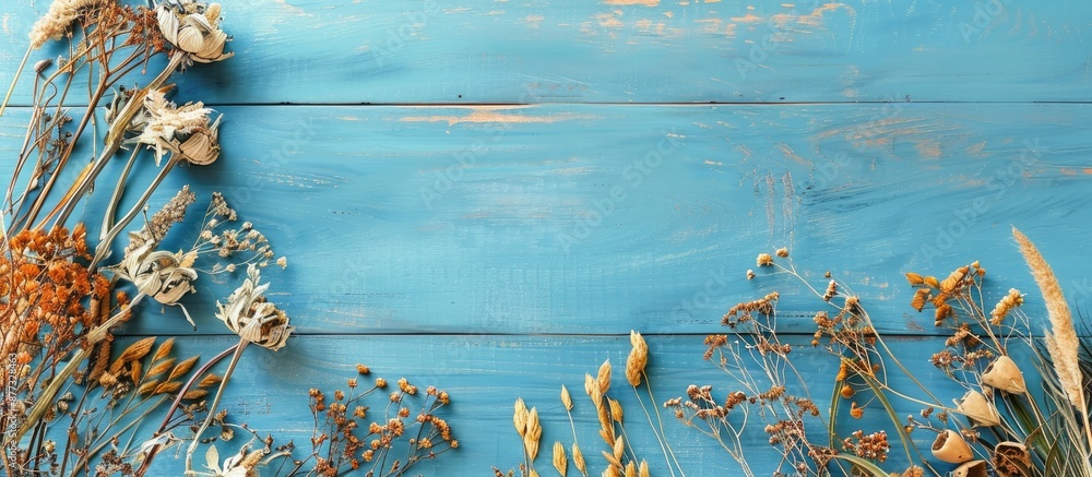 Poster top down view of dried flowers and grass on a blue wooden table with a blank timetable mockup and sp