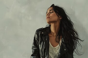 Portrait of a blissful woman in her 30s sporting a classic leather jacket isolated in plain white digital canvas