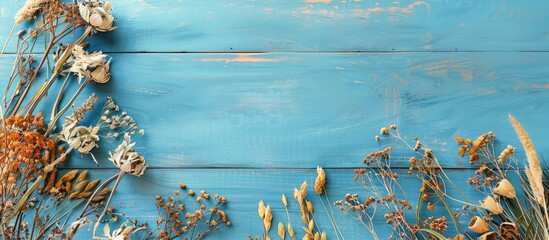 Top down view of dried flowers and grass on a blue wooden table with a blank timetable mockup and space for text in rustic style ideal for adding text to the image. Copy space image