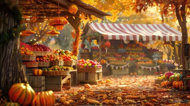 Autumn farmers market with colorful produce under a striped canopy surrounded by fall foliage and pumpkins, perfect for a seasonal theme.
