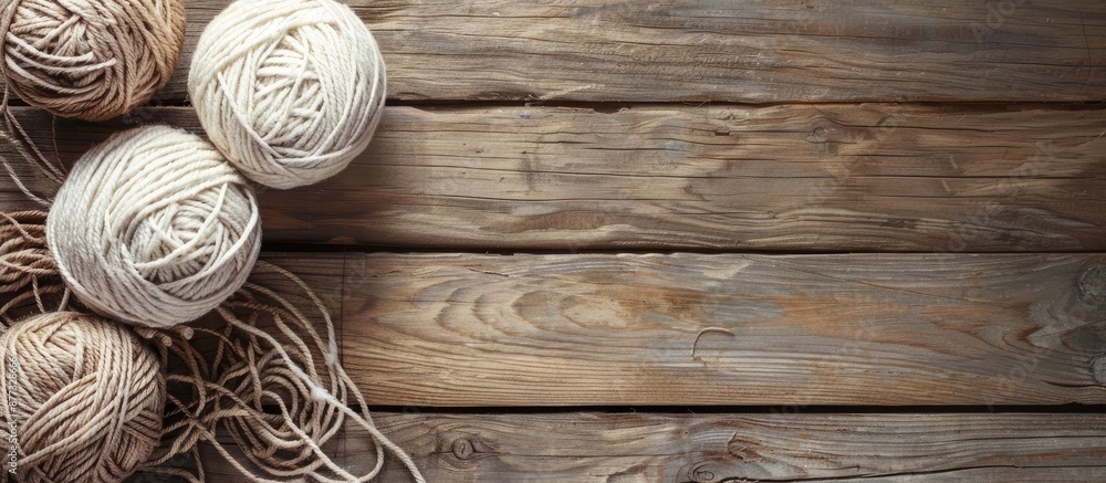 Poster balls of wool displayed on a rustic wooden table with ample copy space image
