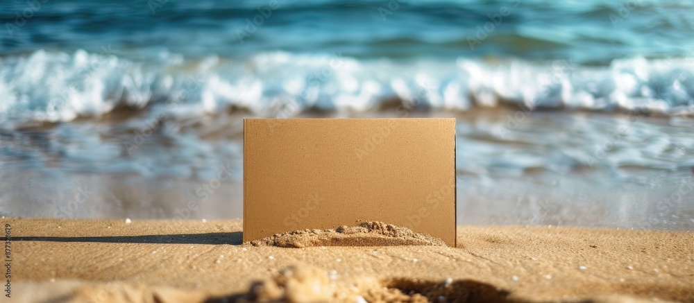 Aufkleber close up of text mock up on cardboard paper placed on a sandy beach with waves in the background fea