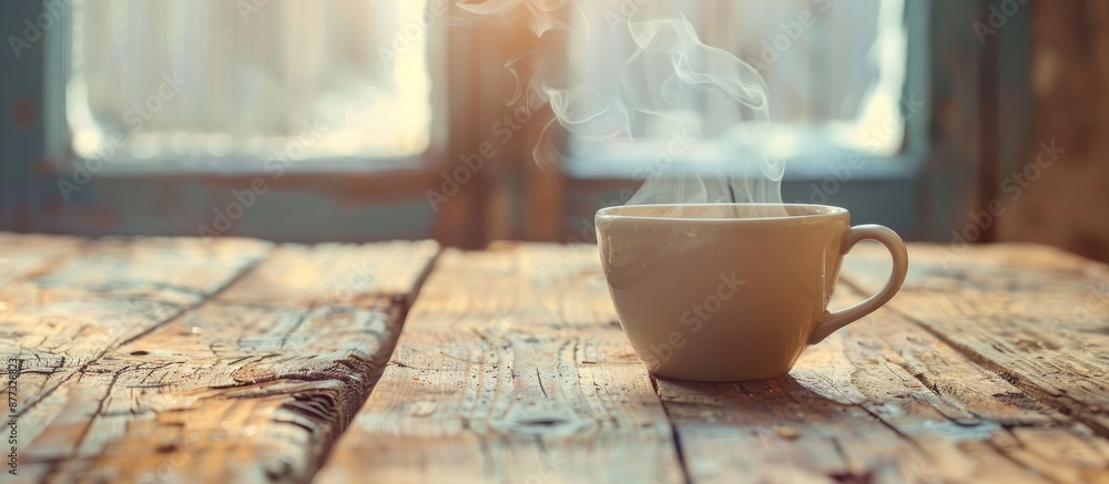 Poster early morning breakfast setting with a close up of a steaming cup of coffee or tea placed on a vinta