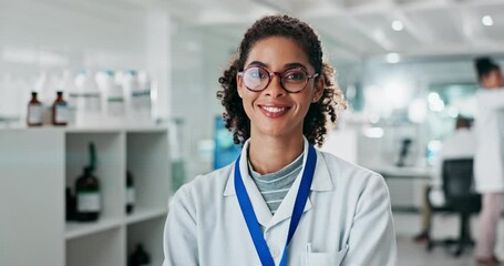 Woman, portrait and scientist on computer in lab for medical research, assessment report and results information. Researcher, pc and test feedback, science vaccine and pharmaceutical innovation