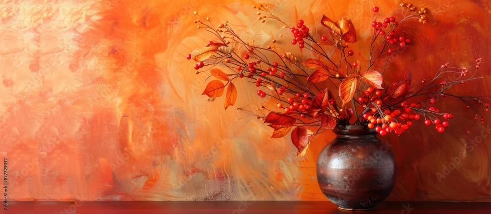 Poster an inviting home setting with a variety of decorations featuring a vase filled with vibrant autumn l
