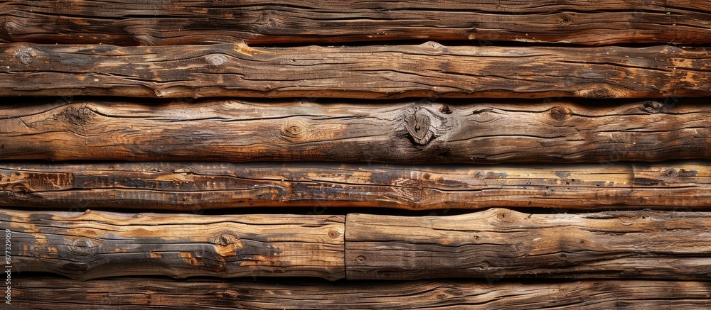 Poster rustic background of an old hand hewn log cabin wall texture with a wooden horizontal layout for a c