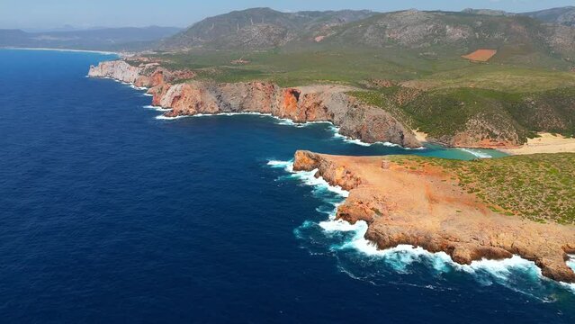 Aerial view on Cala Domestica Beach and landscape around. Sardinia,Italy