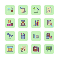 School line icon set. Telescope, table lamp, pupil, school desk. Can be used for topics like education, university, school