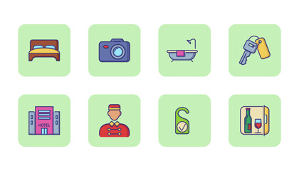 Travelling line icon set. Cruise, vacation, sea ship, hotel. Vector illustration can be used for topics like travelling, vacation