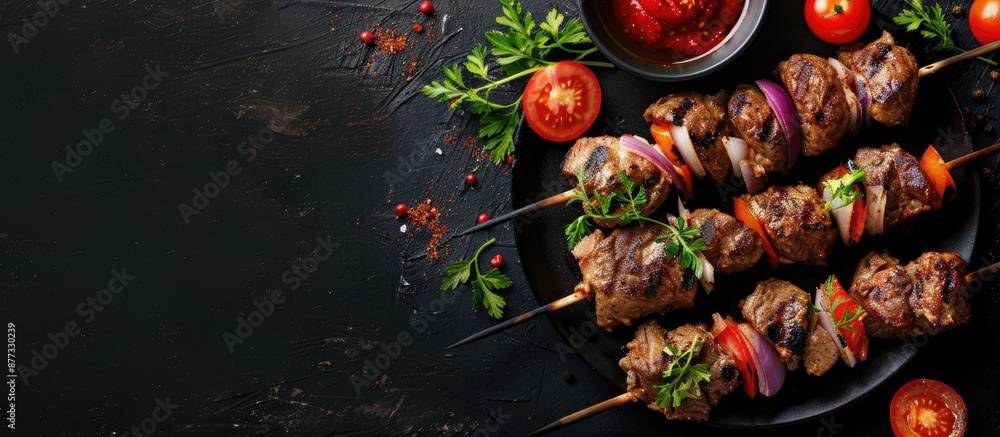 Poster adana kebab a mix of beef and lamb skewered and grilled served with tomato salad and onion on a dark