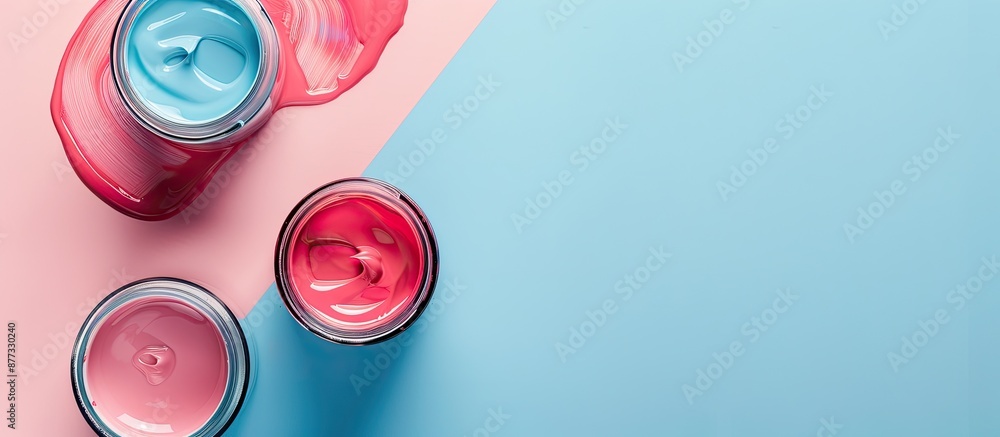 Poster web banner with a classic blue and pink background featuring pink paint jars in a flat lay style cap