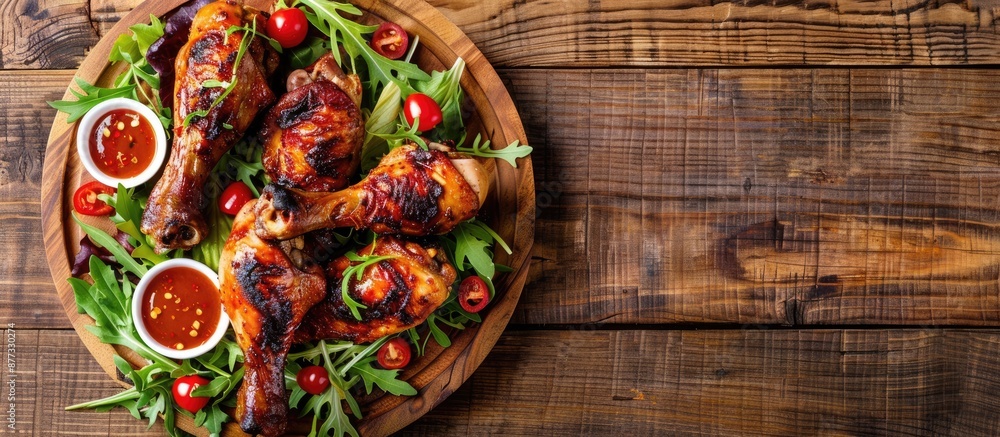 Aufkleber top view of a roasted spicy chicken drumstick served with salad and sauce on a wooden backdrop with 