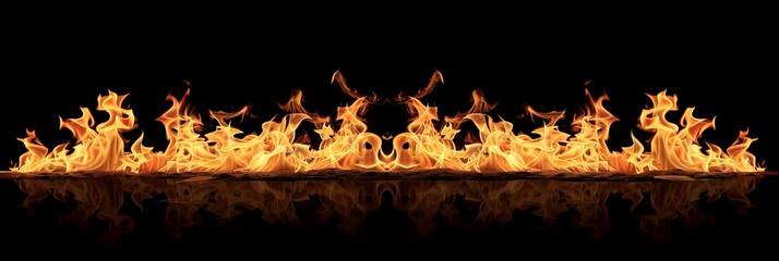 Seamless Panorama of Intense Fiery Flames Reflecting on Black Surface, Perfect for Backgrounds and Textures