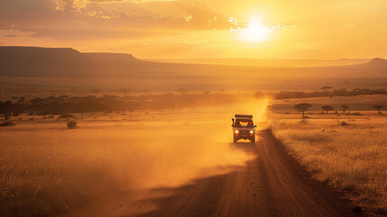Fototapeta premium A safari vehicle drives along a dusty road through the golden savannah of Kenya at sunset, casting a long shadow across the vast African wilderness.