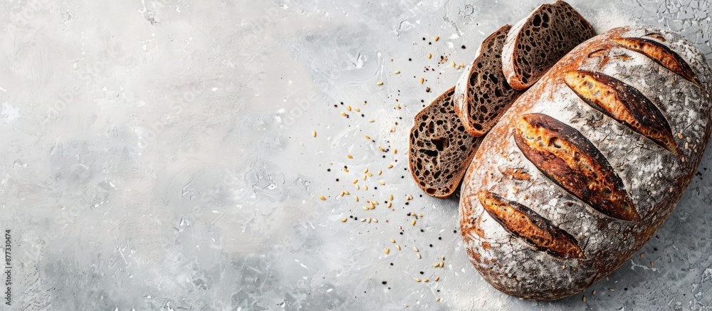 Poster homemade wheat bread loaf and finnish rye sourdough with slices displayed on a copy space image