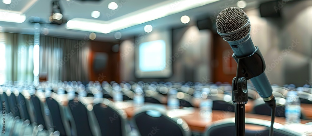 Poster close up shot of a microphone in the conference room with a selective focus and shallow depth of fie