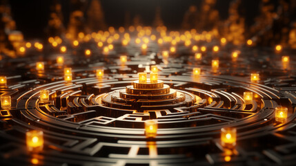 A Conceptual Image of a Complex Maze with Golden Edges and a Central Glowing Sphere, Symbolizing Challenge and Solution