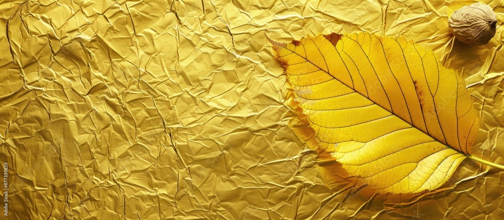 Poster shiny yellow leaf with a textured gold foil background in the image with copy space