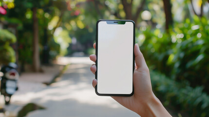 close-up to a hand holding a smart phone with solid white screen as a mockup
