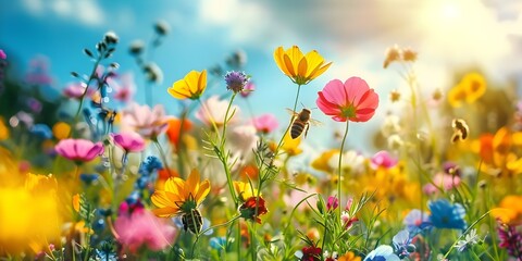 Vibrant image of bees in a colorful flower field celebrating World Bee Day. Concept World Bee Day, Honeybees, Flower Fields, Pollination, Nature Conservation