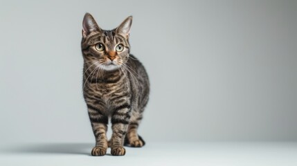 A studio portrait of a cat standing and looking forward, captured against a white backdrop