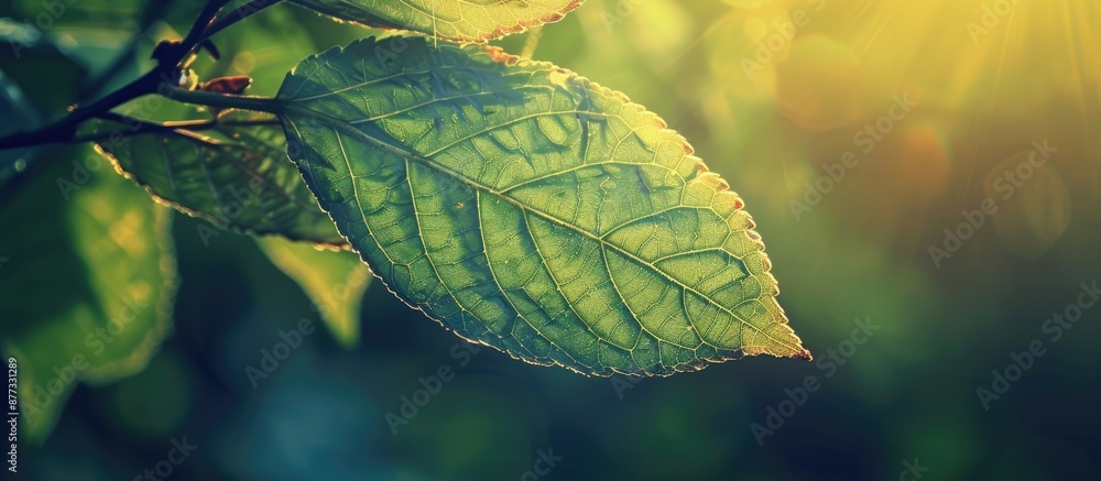 Poster vintage filter applied to a close up nature view of a sunlit green leaf ideal as a background image 