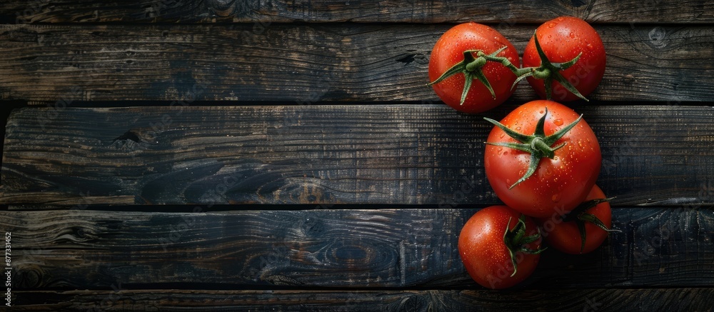 Poster three ripe red tomatoes arranged attractively on a rustic dark wooden table with space for text or o