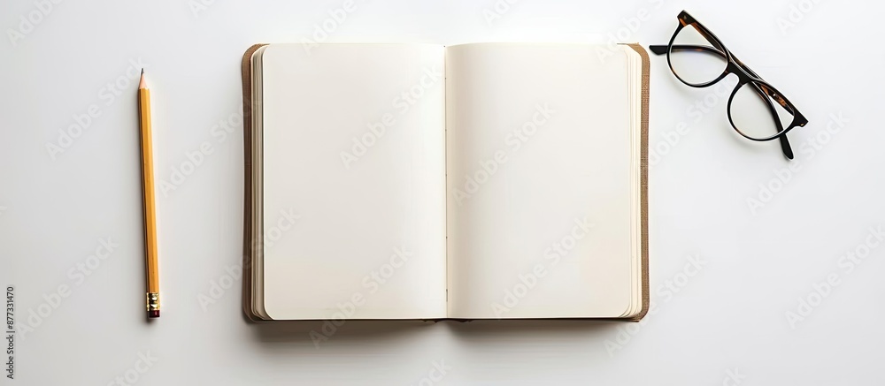 Aufkleber top view of a blank open notebook with a pencil and eye glasses on a white background providing copy