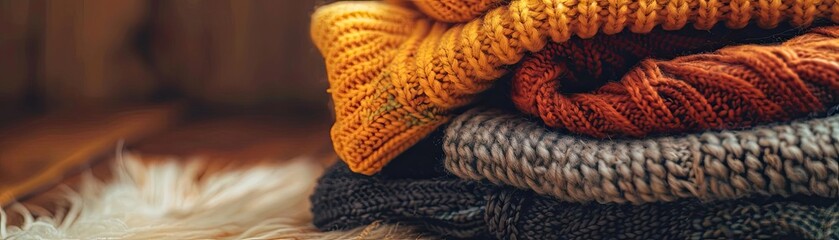 Close-up of folded cozy knitted clothes in warm tones, perfect for autumn and winter wardrobe, showcasing texture and warmth.