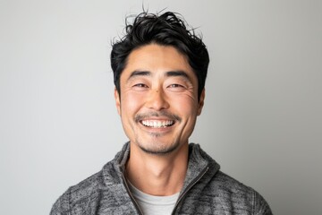 Fototapeta premium Portrait of a joyful asian man in his 30s wearing a thermal fleece pullover in plain white digital canvas