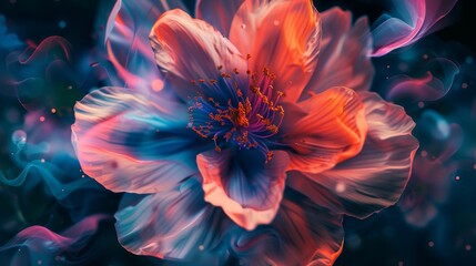 A beautiful abstract design of an iridescent flower in the shape of with an explosion effect, on a black background