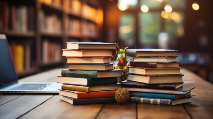 Obraz premium Stack of Books with Laptop on Wooden Table
