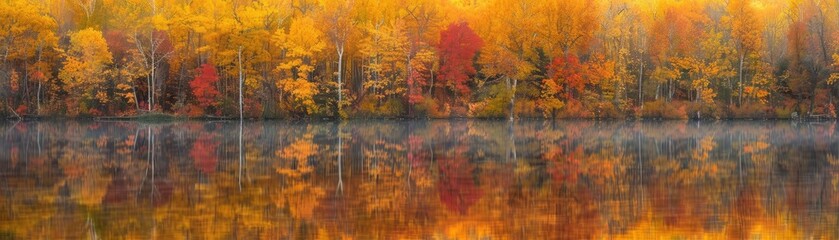 Fototapeta premium Vibrant autumn forest reflecting in calm lake water. Stunning fall colors create a serene and picturesque landscape of seasonal beauty.