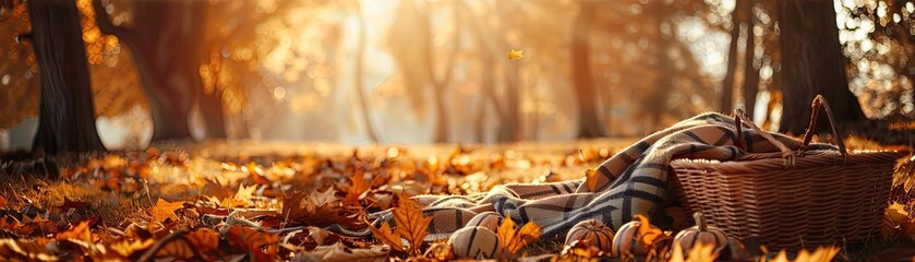 Serene autumn picnic scene with a wicker basket and blanket surrounded by fallen leaves in a sunlit forest.