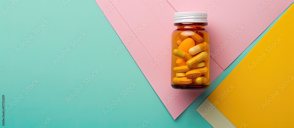 Poster top view of a plastic bottle with vitamins displayed on a colored background allowing for copy space