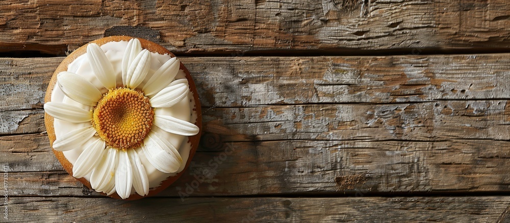 Poster donut daisy displayed on a wooden surface in an image with copy space