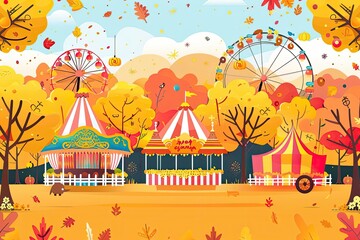 Obraz premium Festive autumn market with colorful stalls, pumpkins, and vibrant fall foliage, capturing the essence of harvest season in a charming setting.