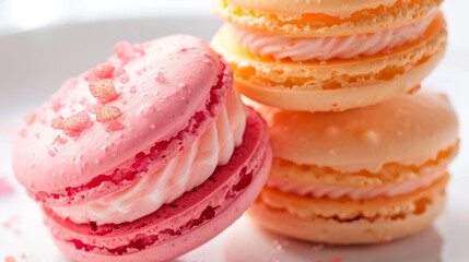 Macaroons, a delightful dessert, consist of two colorful almond cookies filled with a sweet, creamy filling. They are often served as a special treat or at celebratory occasions.