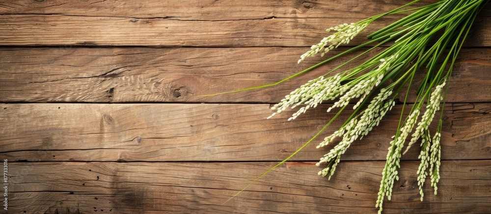 Poster rice paddy displayed on a rustic wooden surface with ample copy space image