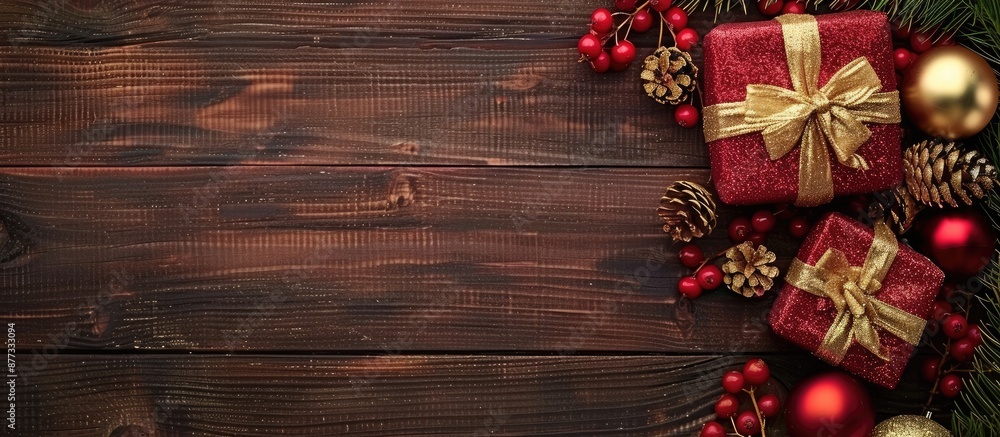 Poster wooden background with a red glitter gift box shape gold bow pine cone and fruit spray creating a fe