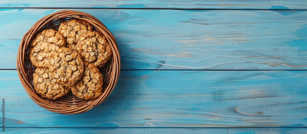 Poster top down view of a wicker basket filled with delicious oatmeal cookies on a blue wooden table offeri
